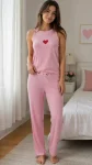 Milan Kumaş Pembe Kalpli Bayan Pijama Takım