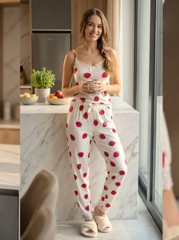 BAMBU ÇİLEK ASKILI PİJAMA TAKIMI